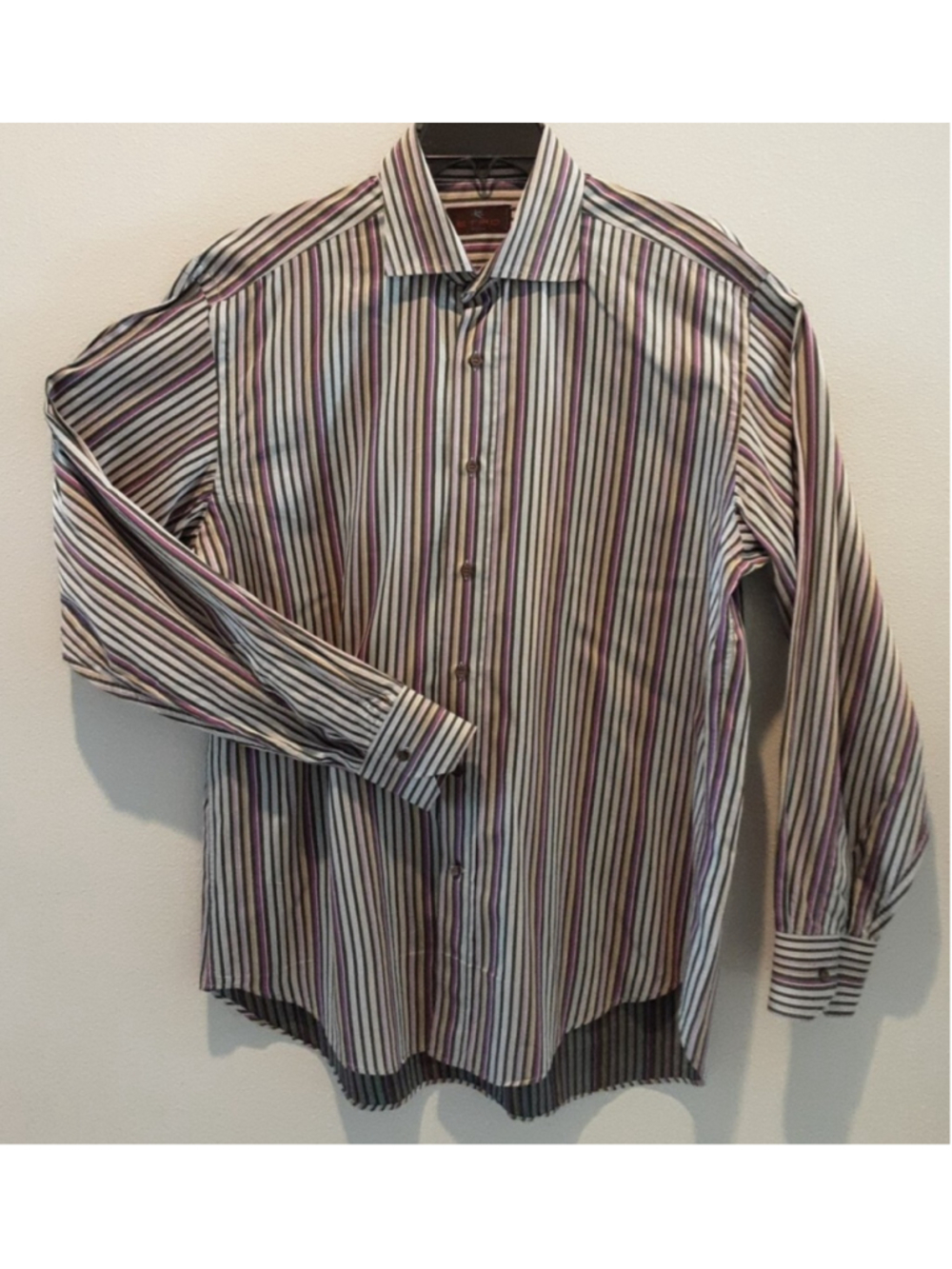 ETRO•MILANO•Made in Italy•SZ 42•STRIPES•Dark & Lt. Gray, Purple & Tan•Perfect!